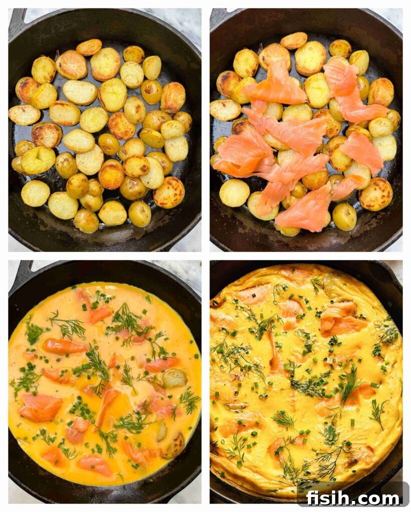 Savory Smoked Salmon and Dill Frittata 5 Process shot of potatoes and salmon cooking in a air fryer before cooked into frittata