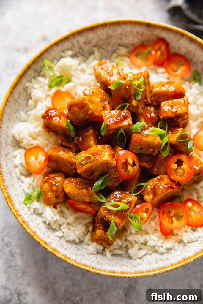 glazed tofu on rice in a bowl