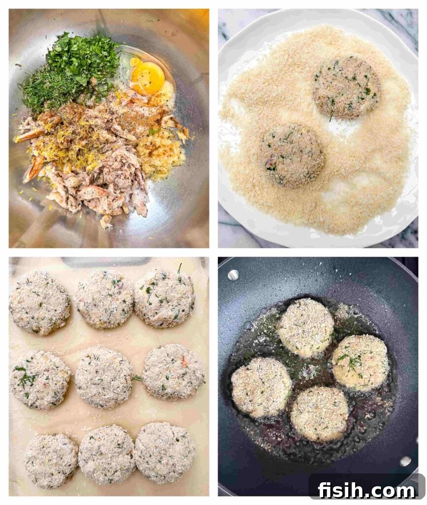 Process shots of crab cakes being mixed, battered and fried
