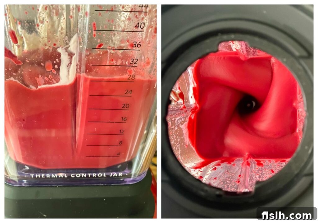Two sequential shots illustrating the blending process of beetroot borani, from initial ingredients to a smooth consistency.