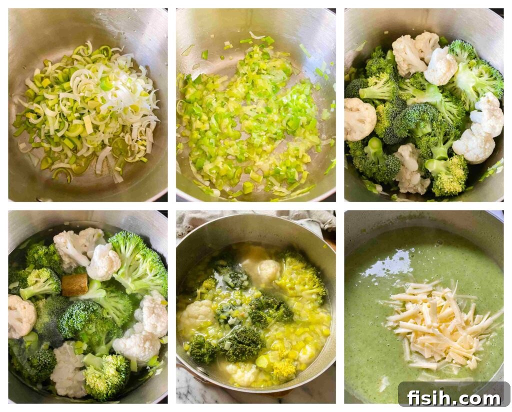 Step-by-step photographic guide illustrating the preparation of creamy broccoli and cauliflower soup, from chopping to blending.