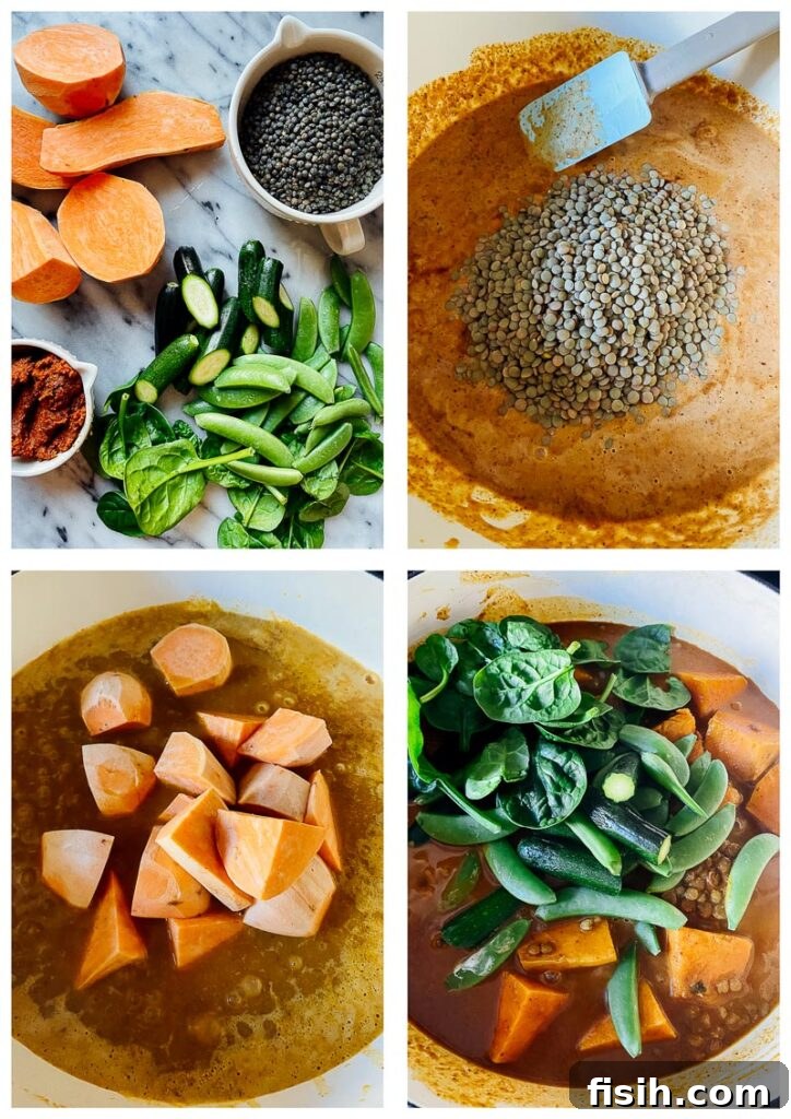 A sequence of process shots demonstrating the step-by-step addition of ingredients into the curry, from paste to vegetables.