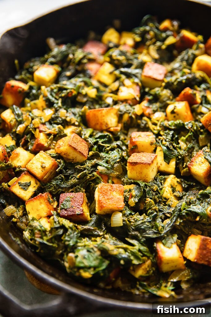 Heaps of saag paneer in a pan