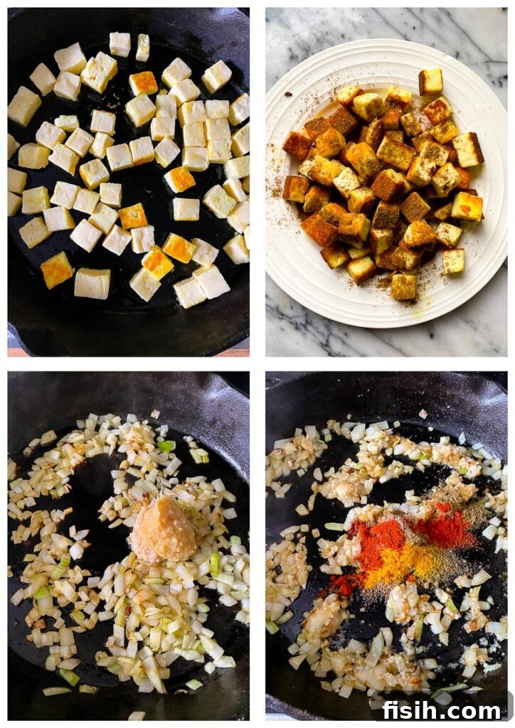 Process shots of cooking the cheese and spice mixture