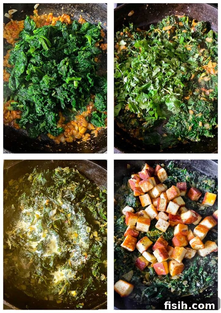 Four process shots of spinach and cheese added to pan