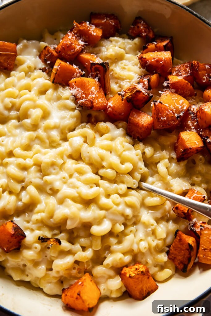 Close up of creamy macaroni and cheese with roasted butternut squash pieces, garnished lightly