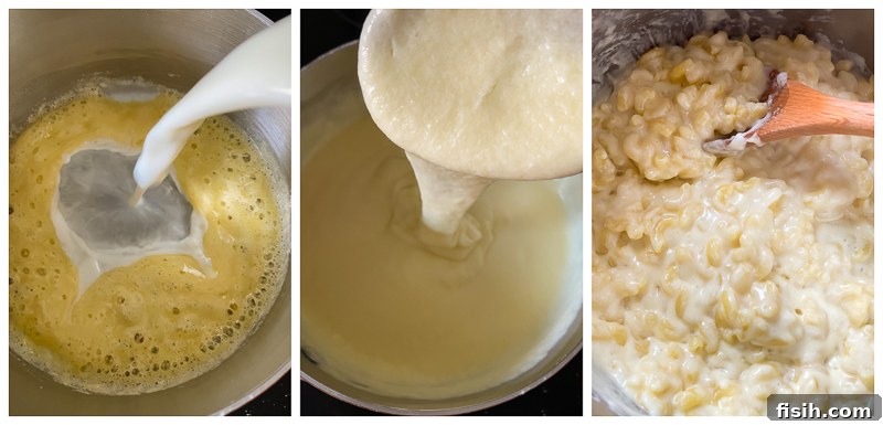 Process shots showing how to make the cheese sauce, from melting butter to adding cheese
