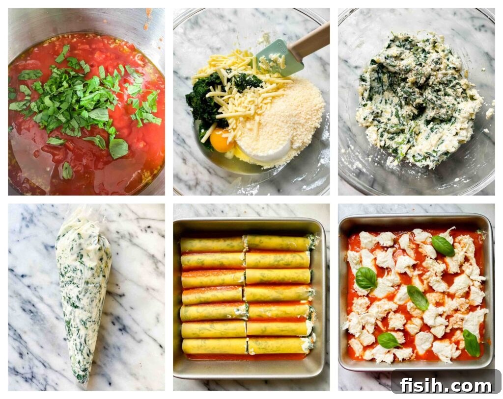 Step-by-step process photos showing how to prepare the spinach and ricotta filling and stuff the cannelloni tubes before baking.