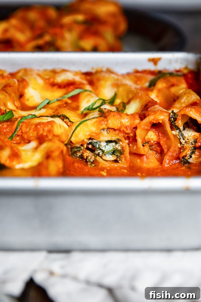 A close-up side view of baked spinach and ricotta cannelloni in a ceramic dish, showing the golden-brown cheese topping and rich tomato sauce.