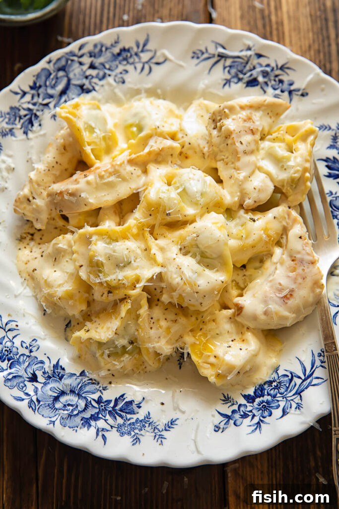 Creamy Chicken Tortellini Alfredo 2 Top down shot of tortellini with chicken strips with an Alfredo sauce in a bowl