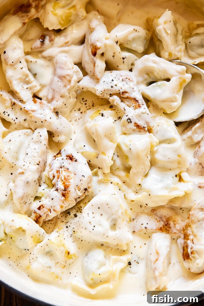 Creamy Chicken Tortellini Alfredo 3 Close up shot of creamy chicken tortellini Alfredo topped with ground black pepper