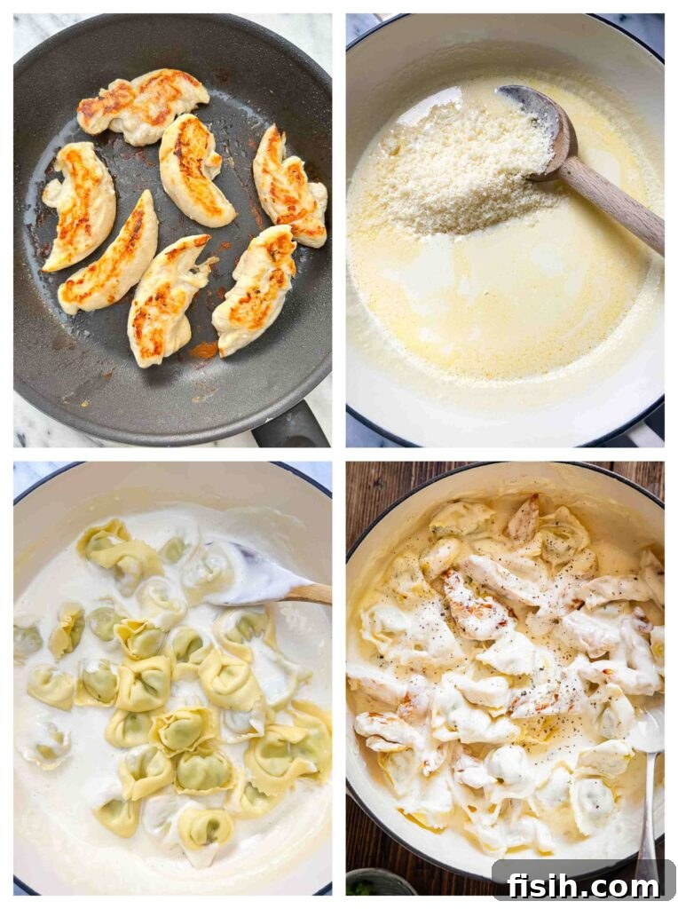Creamy Chicken Tortellini Alfredo 5 Process shots of chicken being grilled and Alfredo sauce being mixed into tortellini in a large pot