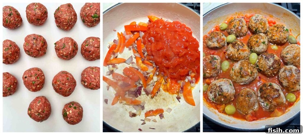 A three-panel collage showing the preparation stages of Spanish meatballs: rolling, frying, and simmering in tomato sauce