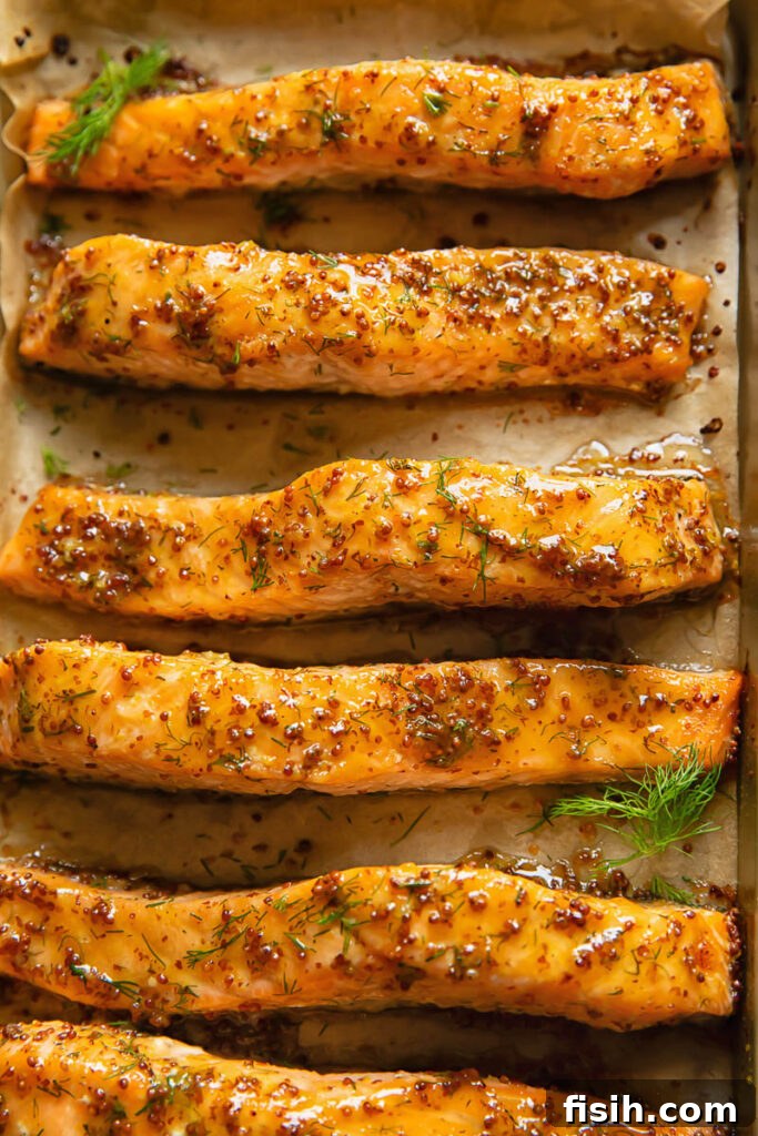 Top down shot of salmon fillets lined in rows, baked in a maple mustard glaze