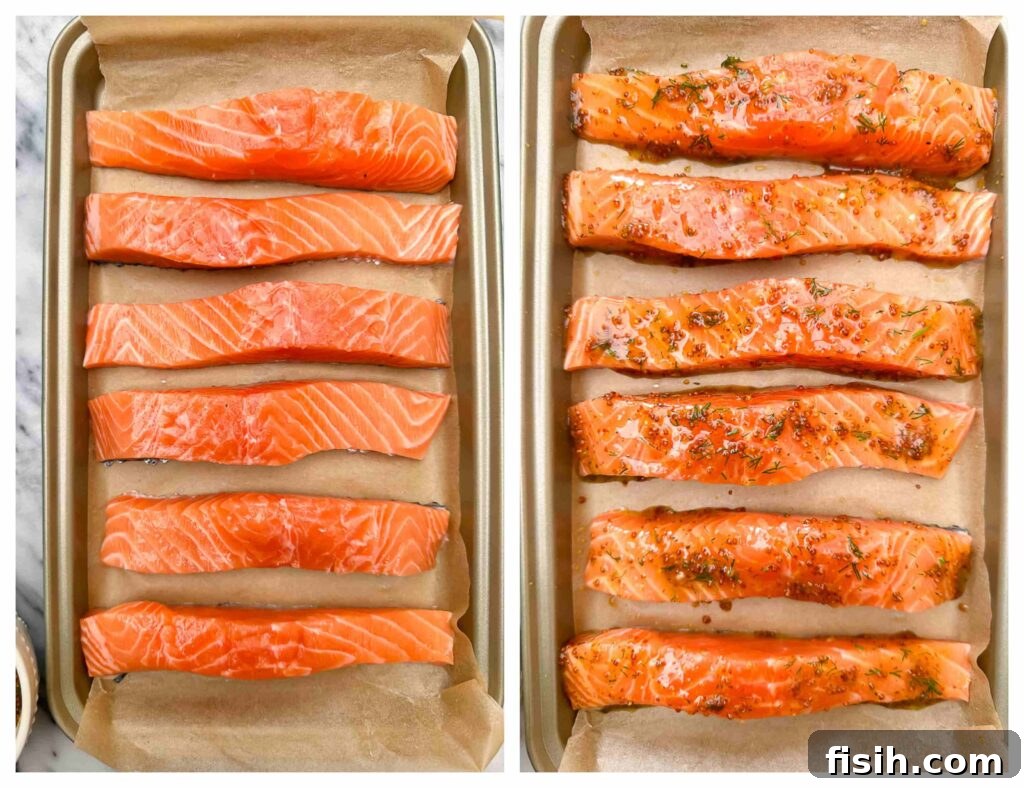 Process shots of salmon fillets being lined on a baking sheet and coated in a maple mustard glaze before baked in an oven