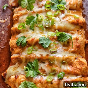 Close up shot of a row of chicken enchiladas in a baking dish topped with melted cheese and fresh herbs