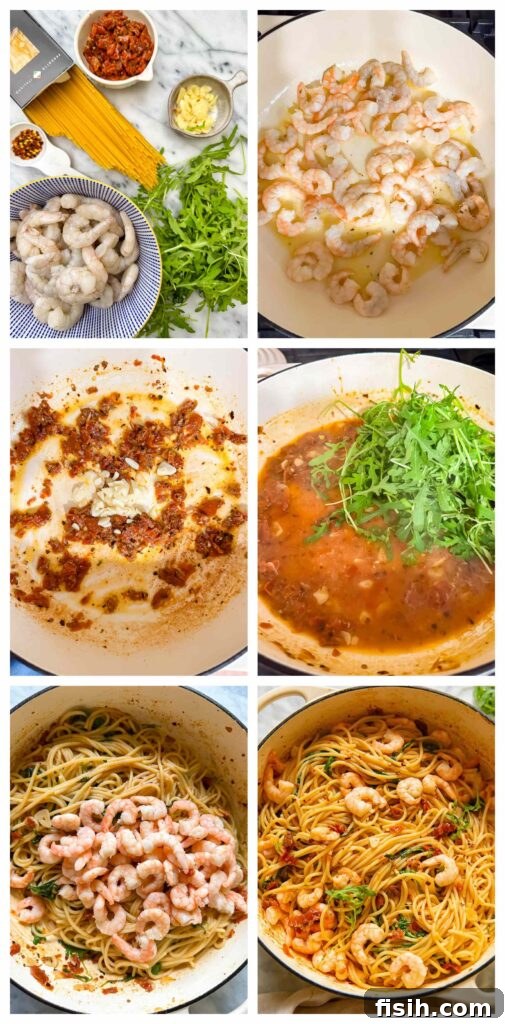 Sun-Drenched Tomato & Chili Shrimp Spaghetti with Arugula 5 A collage of process shots illustrating the sauce and shrimp cooking separately before being combined with spaghetti in a large pan, showcasing the step-by-step preparation.