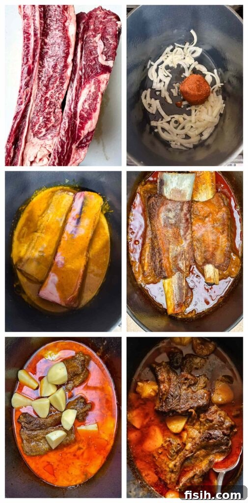 Process shots of beef shot rib being seasoned, slow cooked and made into massaman curry