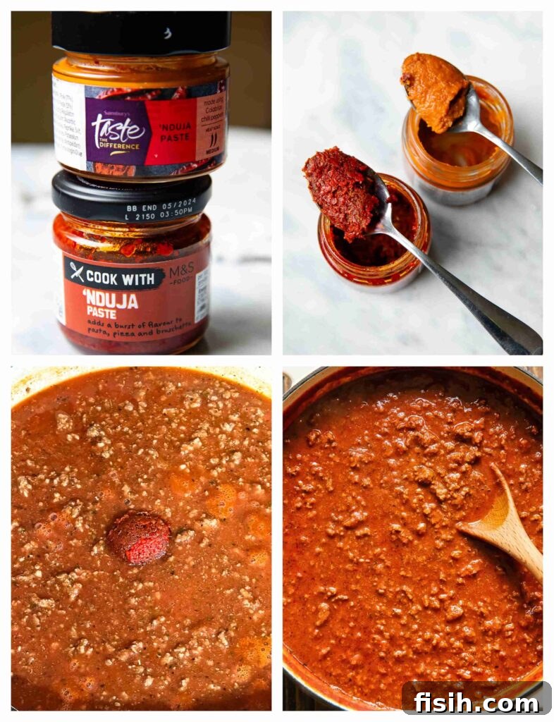 Process shots of nduja paste and tomato sauce being cooked into with ground beef to make a pasta sauce in a deep pot