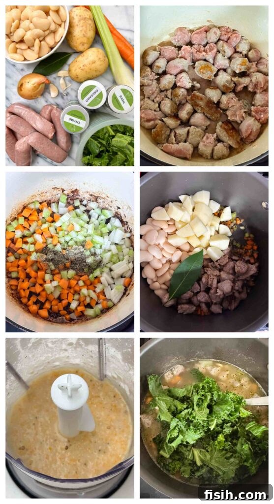 Rustic Sausage and White Bean Comfort 5 Process shots of soup ingredients being prepared and being cooked into the soup