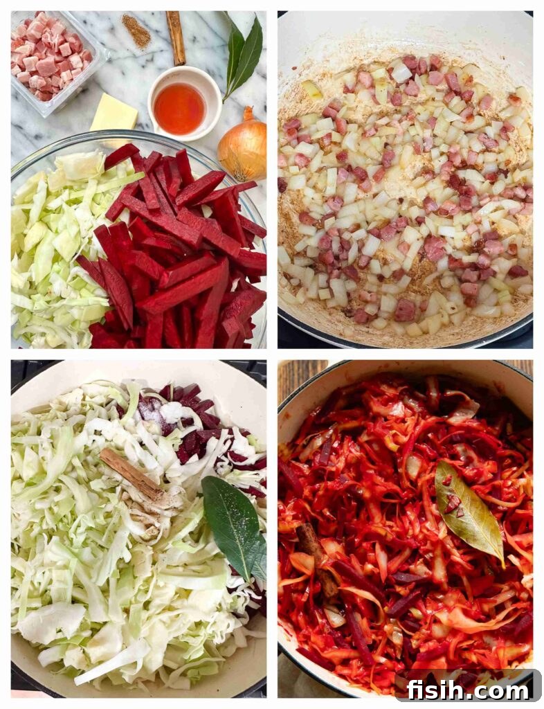 Process shots of the raw ingredients being sliced and prepared before cooked with bacon and braised in a pan