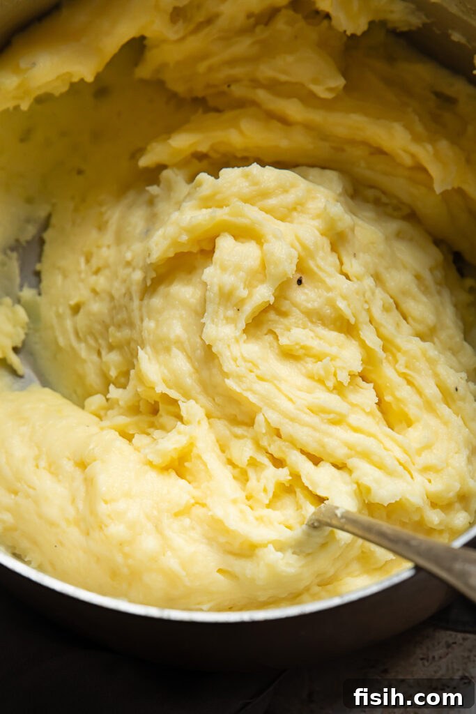 Top down close-up shot of fluffy Parmesan mashed potatoes in a large cooking pot, just finished cooking and infused with melted Parmesan cheese