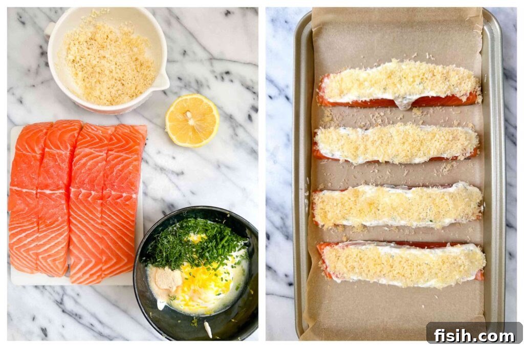 Process shots of raw salmon fillets and sauce ingredients before being laid on a baking sheet to bake