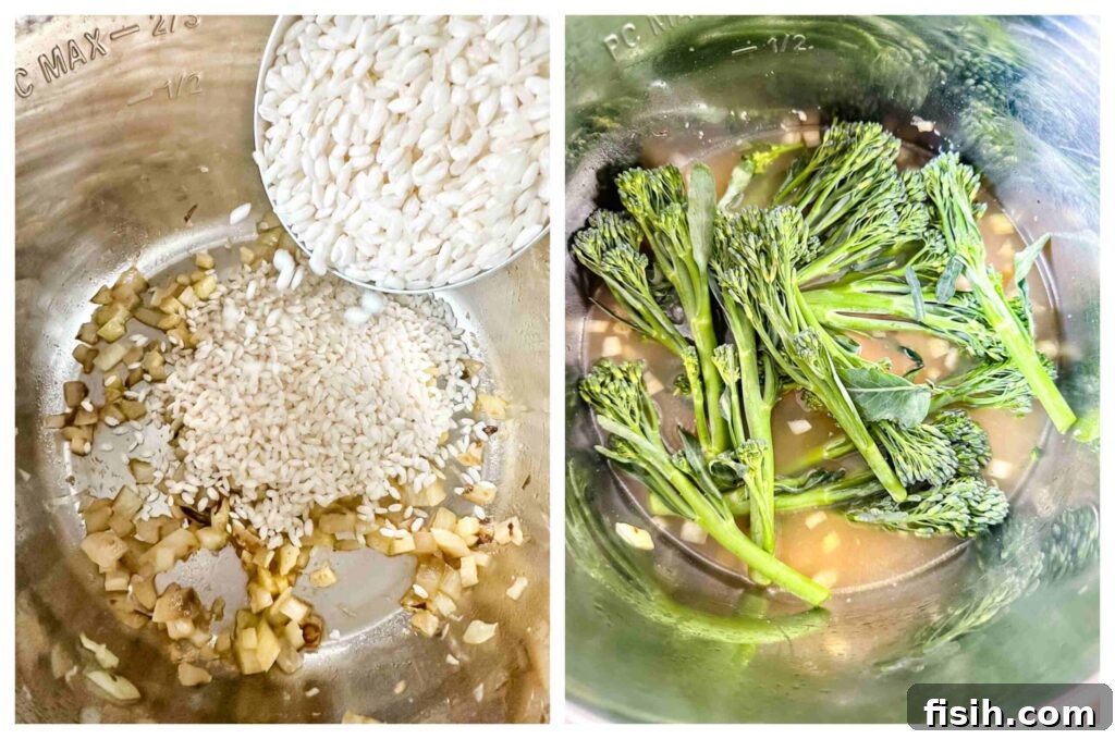Two process shots showing how t add the ingredients to the instant pot