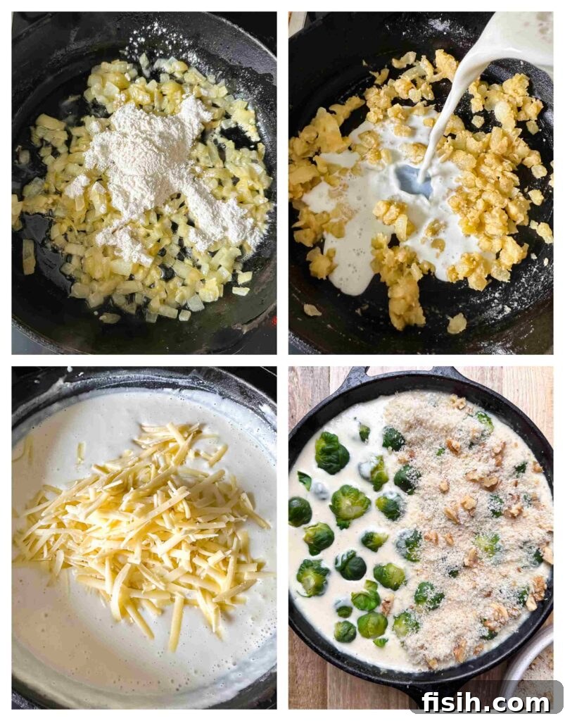 Crispy Topped Brussels Sprouts Gratin 4 Process shots of gratin ingredients being prepared and combined in a pan