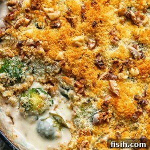 Crispy Topped Brussels Sprouts Gratin 5 Close up shot of cheesy Brussels sprouts gratin in a deep pan topped with breadcrumbs