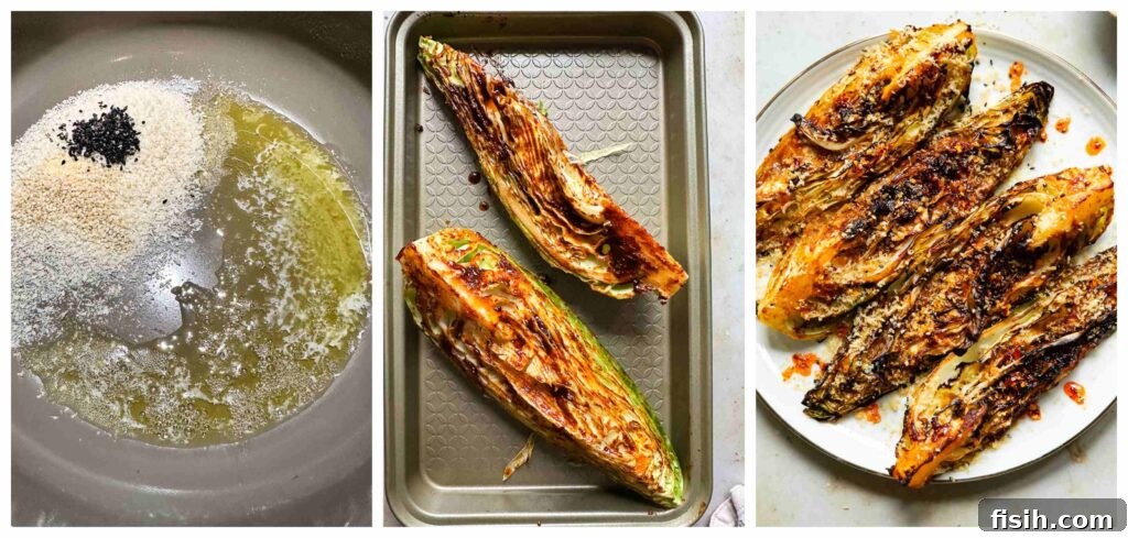 Process shots of cabbage being marinated then roasted