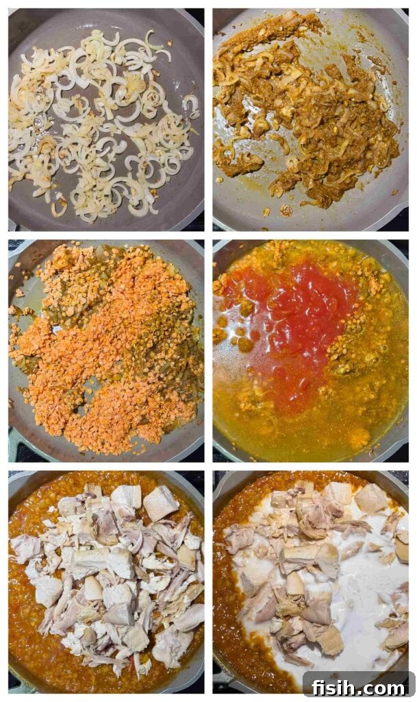 Process shots showing leftover turkey and red lentils being cooked in a pan with sautéed onion, garlic, ginger, and curry paste