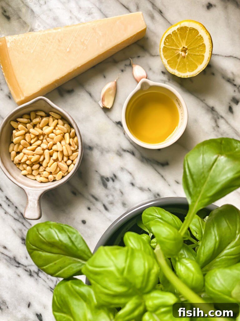 Photo of pesto ingredients, with cheese, pine nuts, lemon, oil, garlic and a basil plant