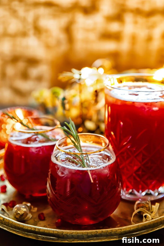 Side shot of two glasses with Christmas punch, beautifully garnished and ready to serve.