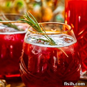 Side shot of pomegranate Christmas punch in a glass with rosemary garnish
