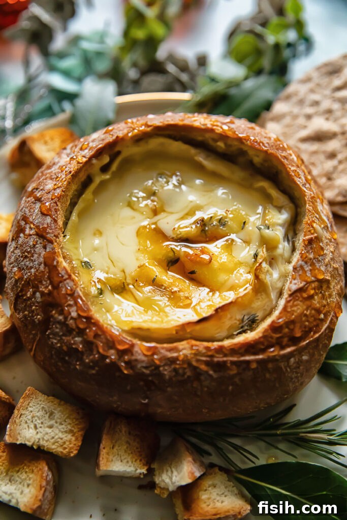 baked camembert in a bread bowl next to toasted bread slices