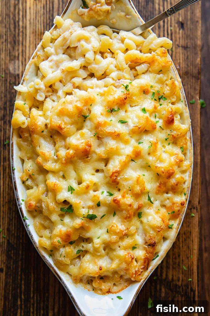 Top down shot of crab and macaroni in a baking dish topped with melted cheese