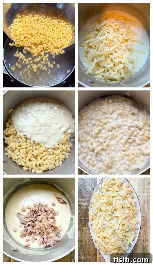 Process shots of cheese sauce, pasta and crab being cooked then combined in a baking dish
