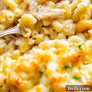 Close up shot of a bite of crab mac and cheese from a baking dish