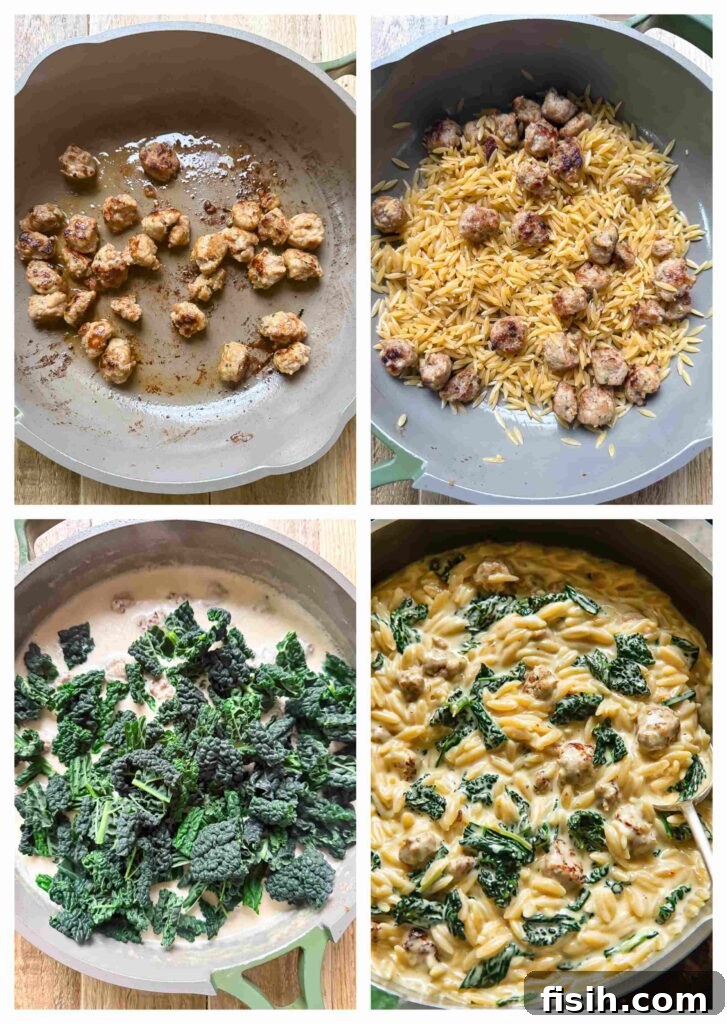 Process shots showing stages of cooking Italian sausage and orzo: browned sausage, added orzo, and before sauce and kale are incorporated, demonstrating the one-pan preparation.