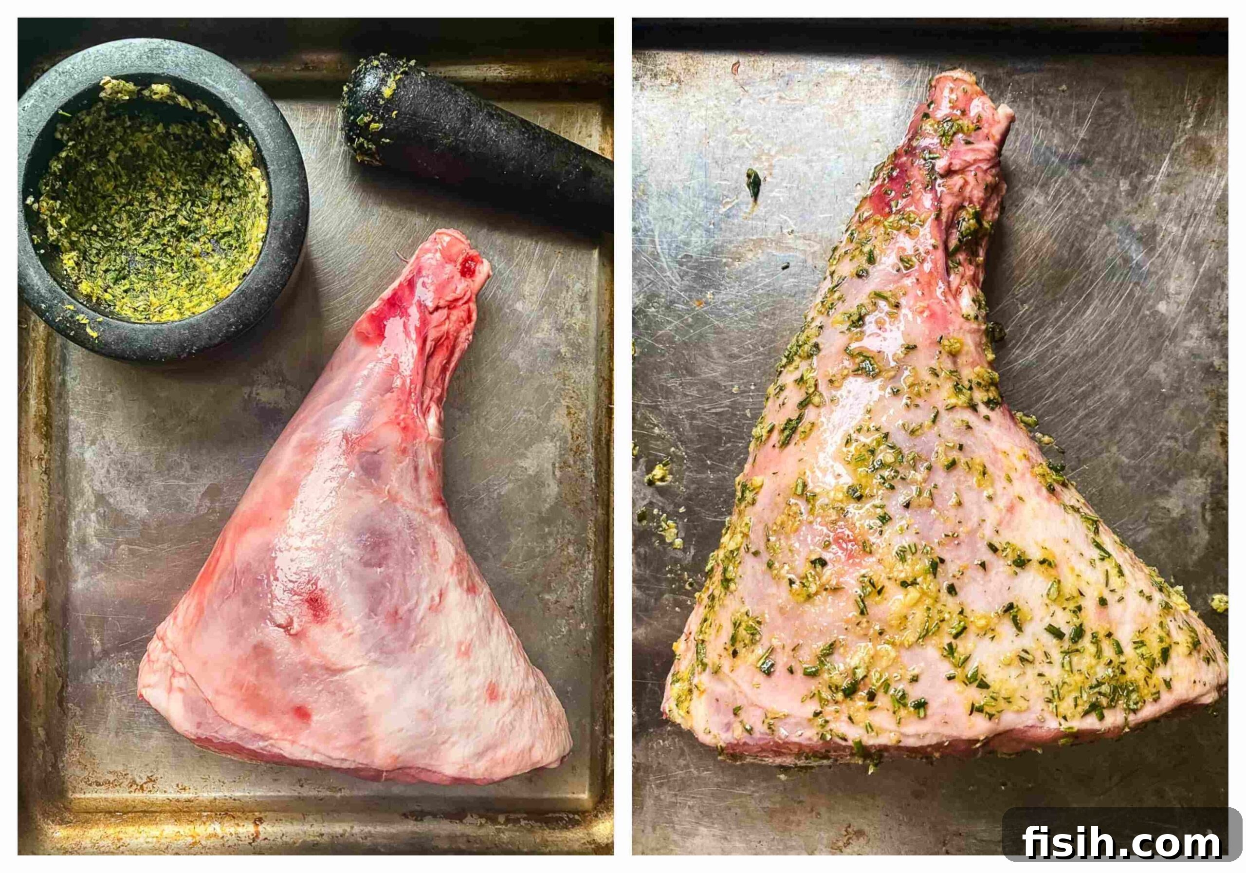 Herbed Roast Lamb Leg with Zesty Mint Drizzle 4 two process images showing how to apply the rub