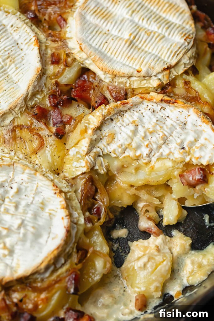 Top down shot of Tartiflette in a cast iron pan, showcasing its golden, bubbly cheese top and hearty potato base.