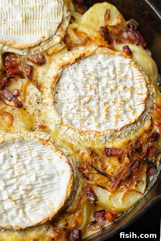 Close up shot of tartiflette in a pan with camembert wheels melting over potatoes and bacon.