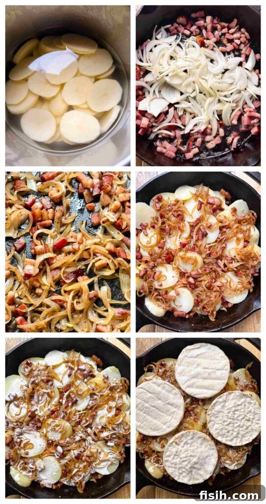 Process shots of potatoes, onions, and bacon being prepped before baked with Camembert cheese.