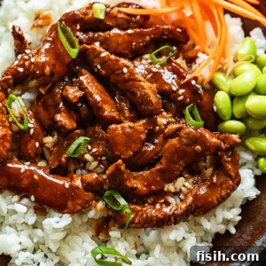 Close up shot of beef teriyaki on a bed of rice with sliced carrot and green onions