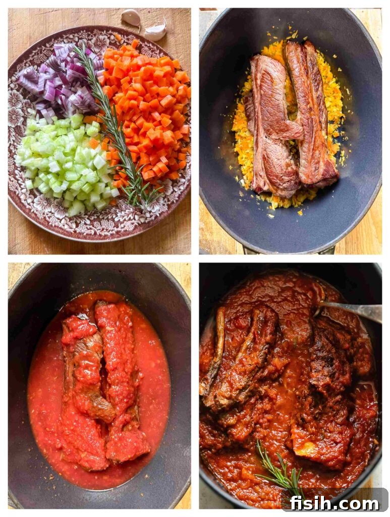 Process shots of sauce ingredients being prepared before cooked in a pot with with beef short rib