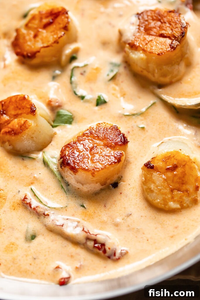Close up shot of scallops in creamy marry me sauce