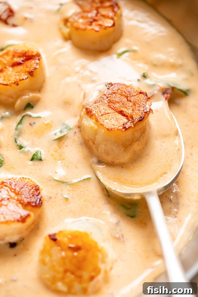 Close up shot of marry me scallops being scooped out of a pan