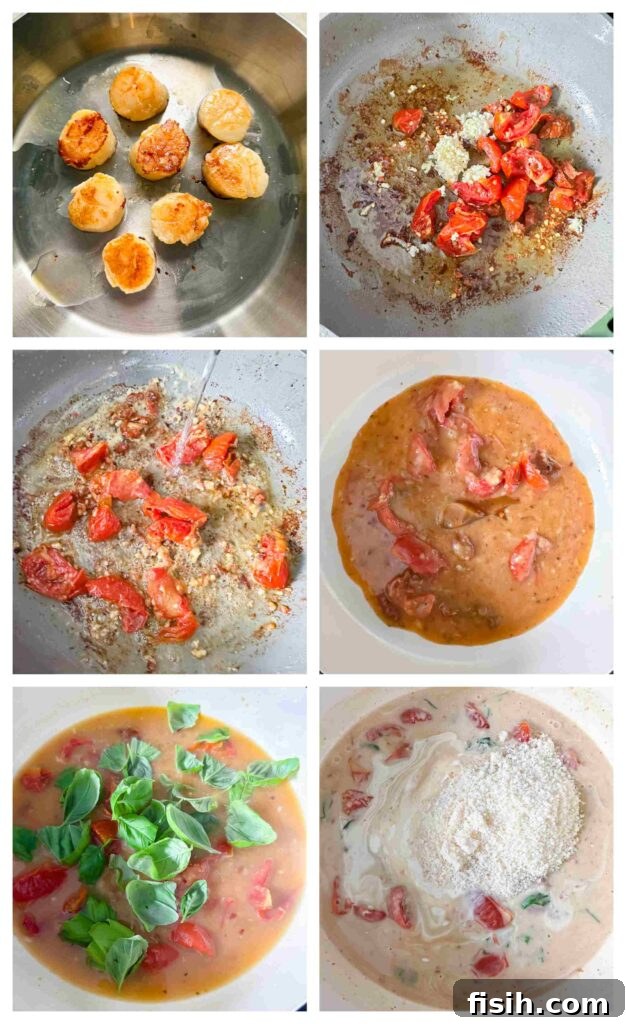 process shots of scallops being seared in a pan and marry me sauce being made in another