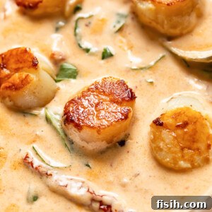 Close up shot of scallops in creamy marry me sauce